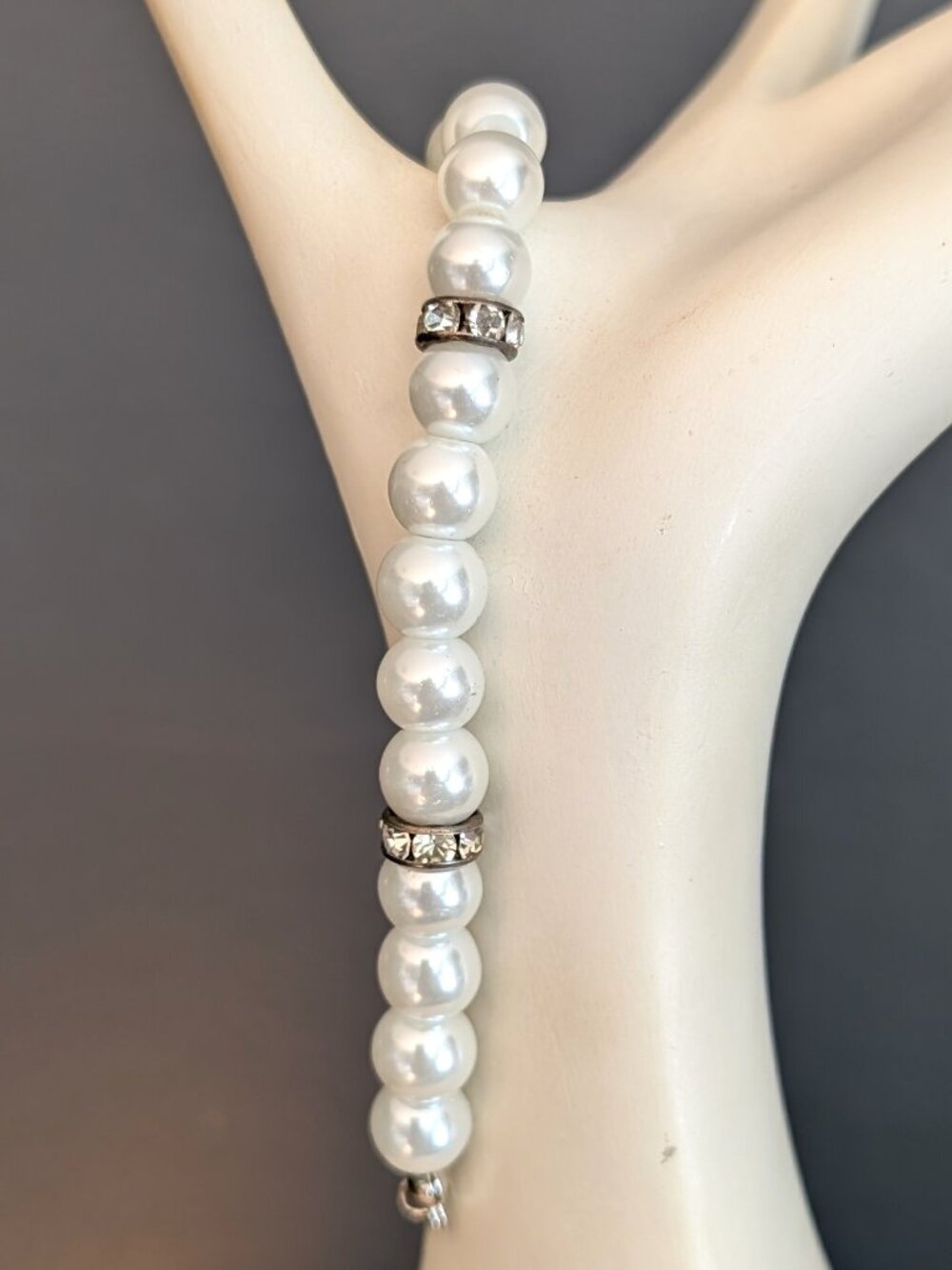 Faux white pearl and rondelle beads with clear cz's bracelet
